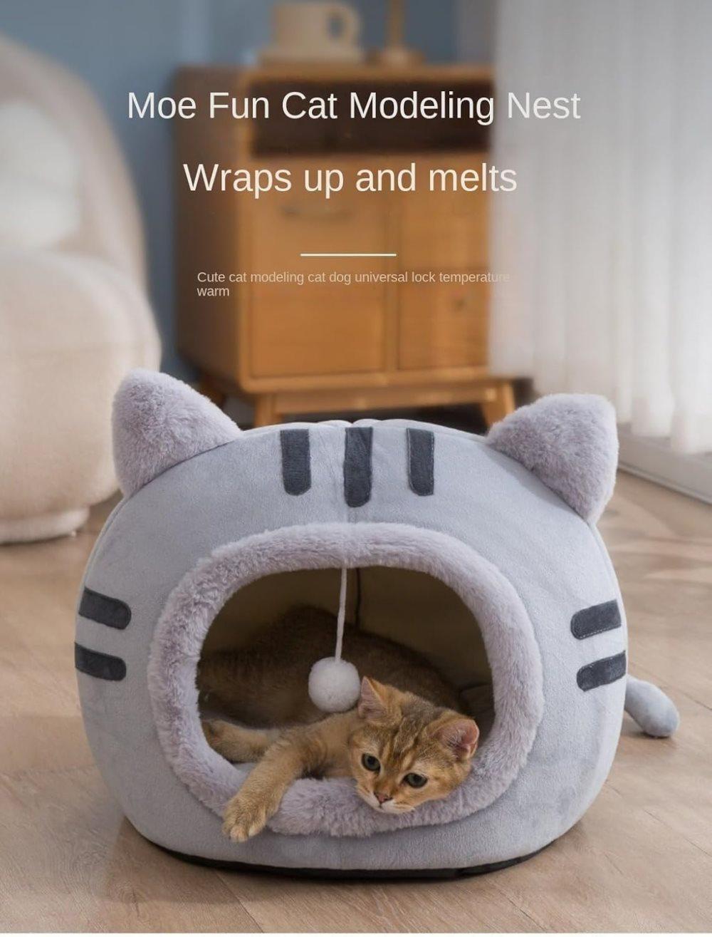 Fluffy Dog Bed Cat Bed Winter Pet House Anti-Slip, M, Brown Gray Pink