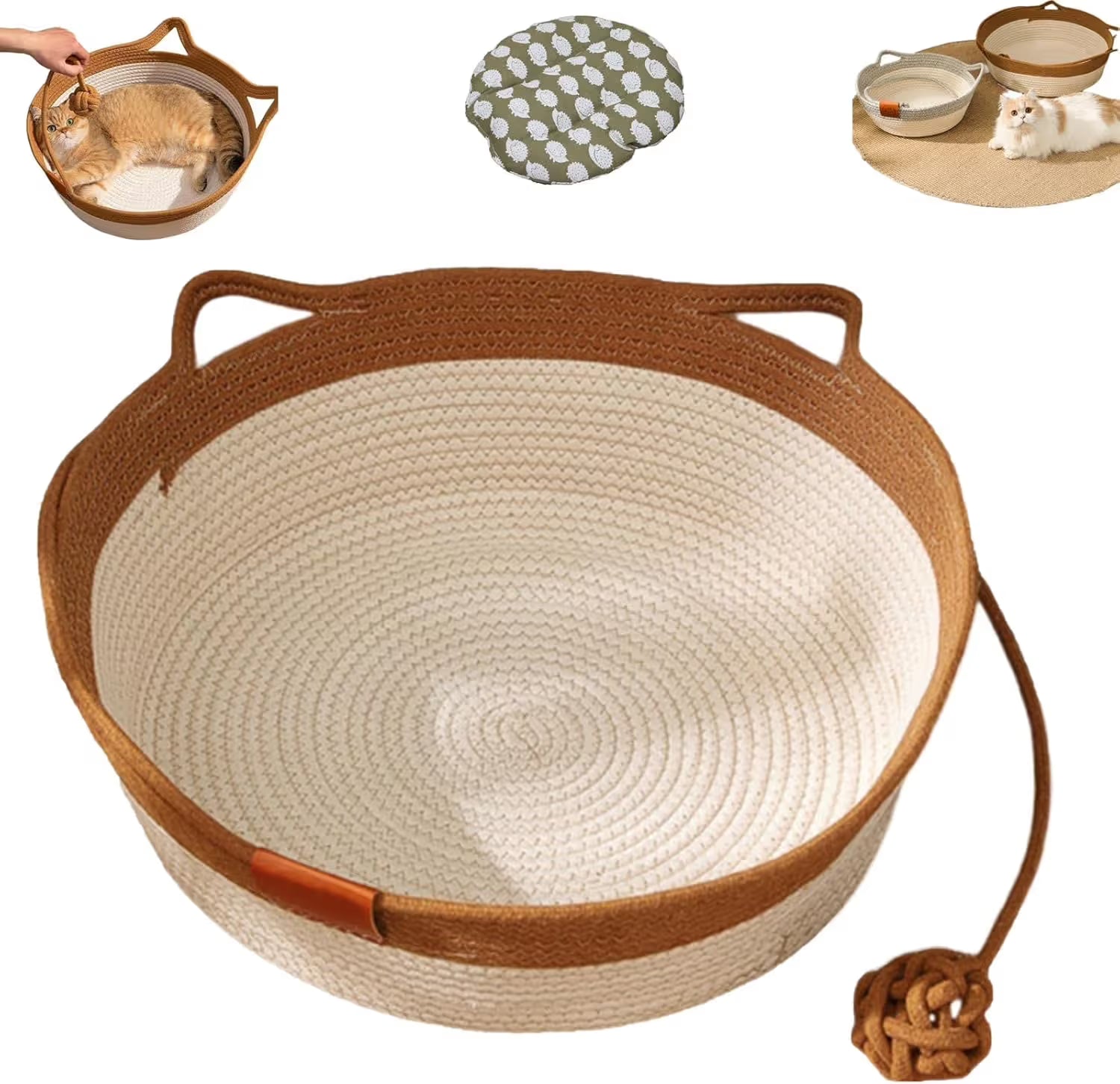 Cat Bed Rope Cotton, Cotton Rope Woven Round Cat Beds Basket with Built-in Teasing Ball, Handwoven Foldable Scratchable for Small & Large pet Brown(L)