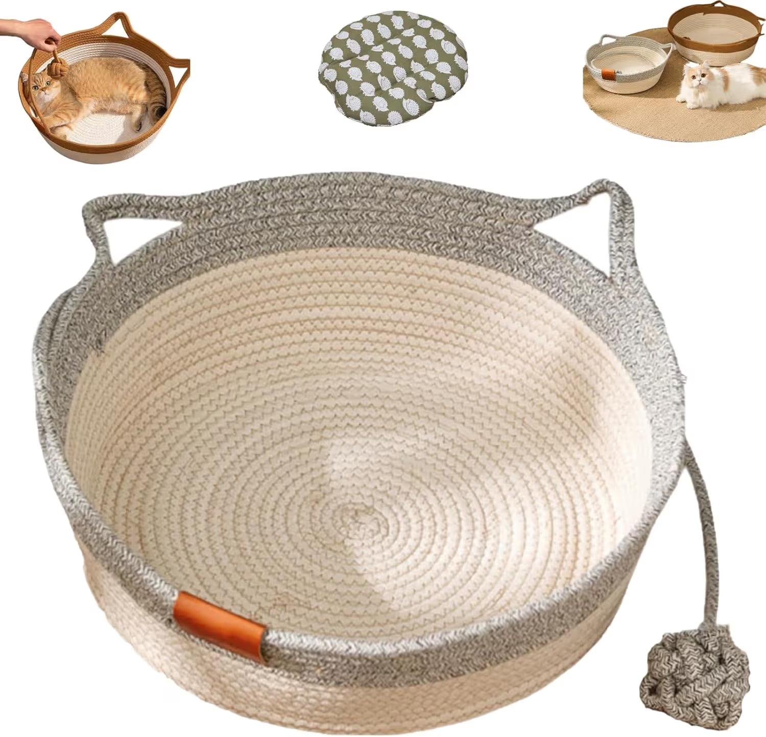 Cat Bed Rope Cotton, Cotton Rope Woven Round Cat Beds Basket with Built-in Teasing Ball, Handwoven Foldable Scratchable for Small & Large pet Gray(L)