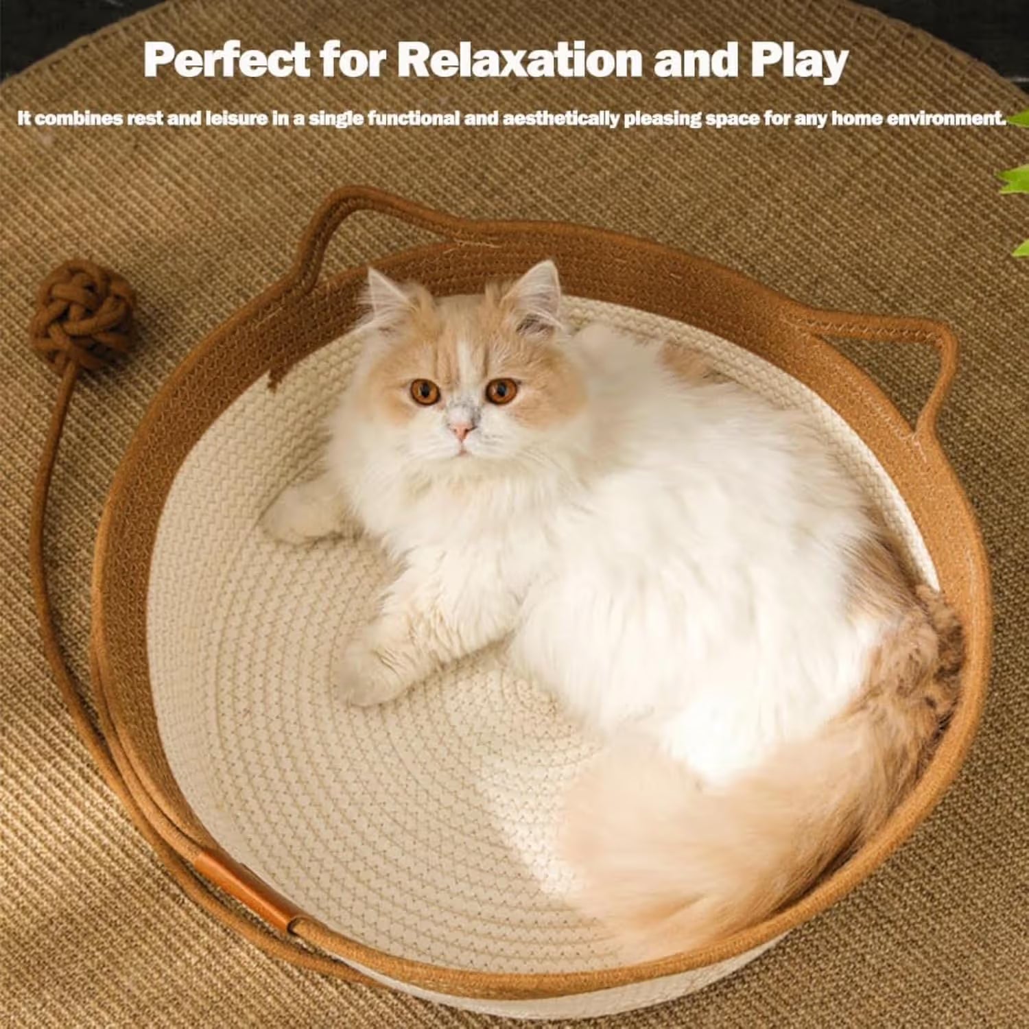 Cat Bed Rope Cotton, Cotton Rope Woven Round Cat Beds Basket with Built-in Teasing Ball, Handwoven Foldable Scratchable for Small & Large pet Gray(L)