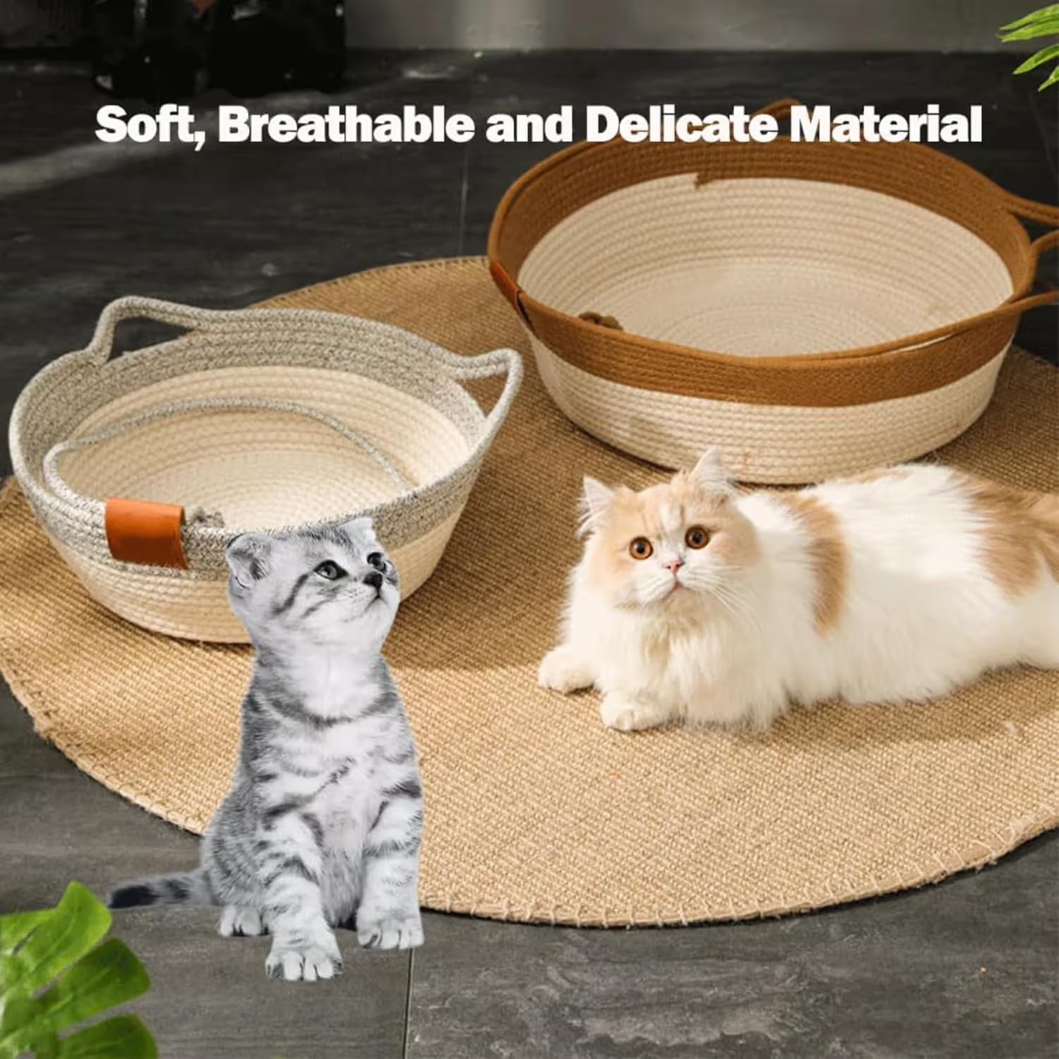 Cat Bed Rope Cotton, Cotton Rope Woven Round Cat Beds Basket with Built-in Teasing Ball, Handwoven Foldable Scratchable for Small & Large pet Gray(L)