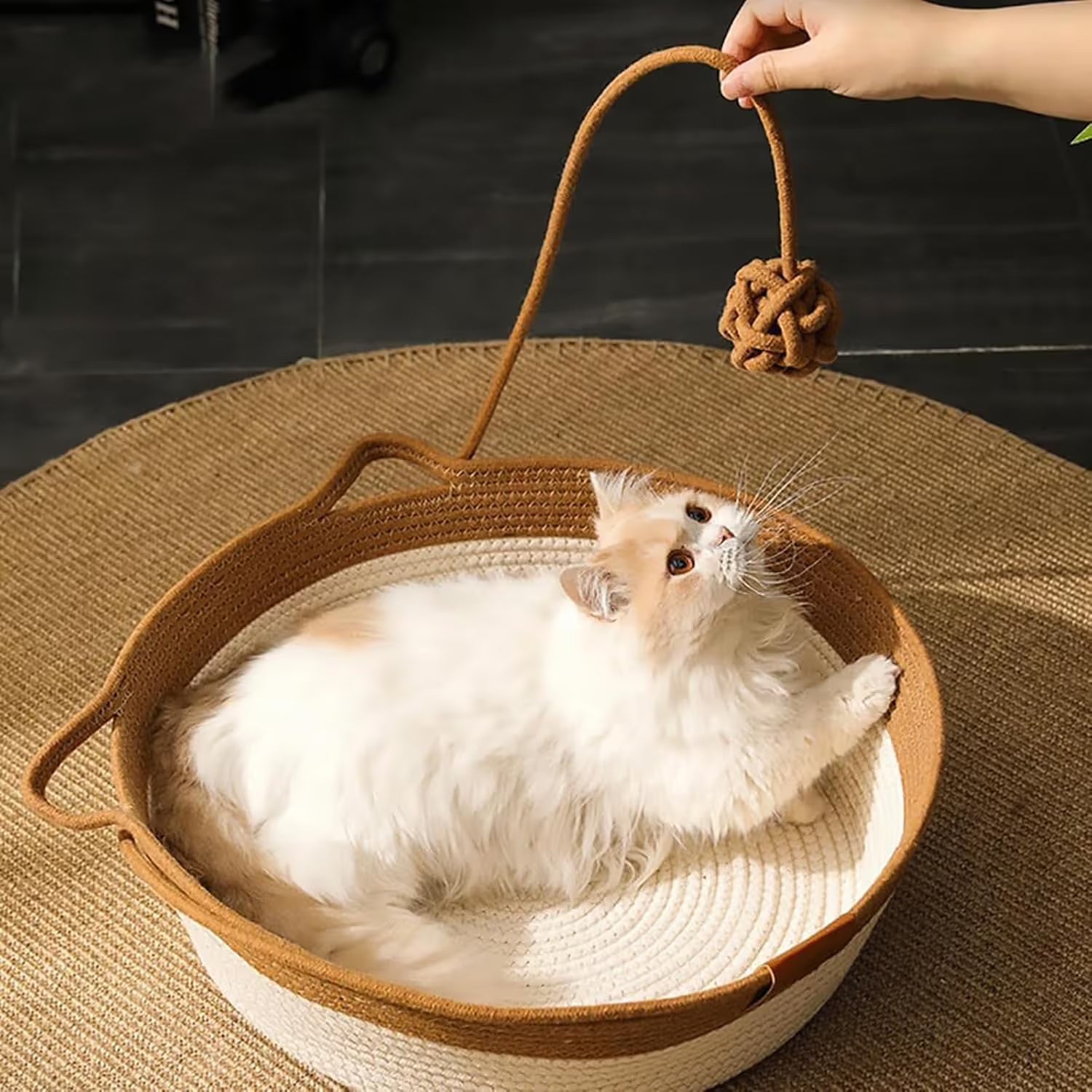 Cat Bed Rope Cotton, Cotton Rope Woven Round Cat Beds Basket with Built-in Teasing Ball, Handwoven Foldable Scratchable for Small & Large pet Gray(L)
