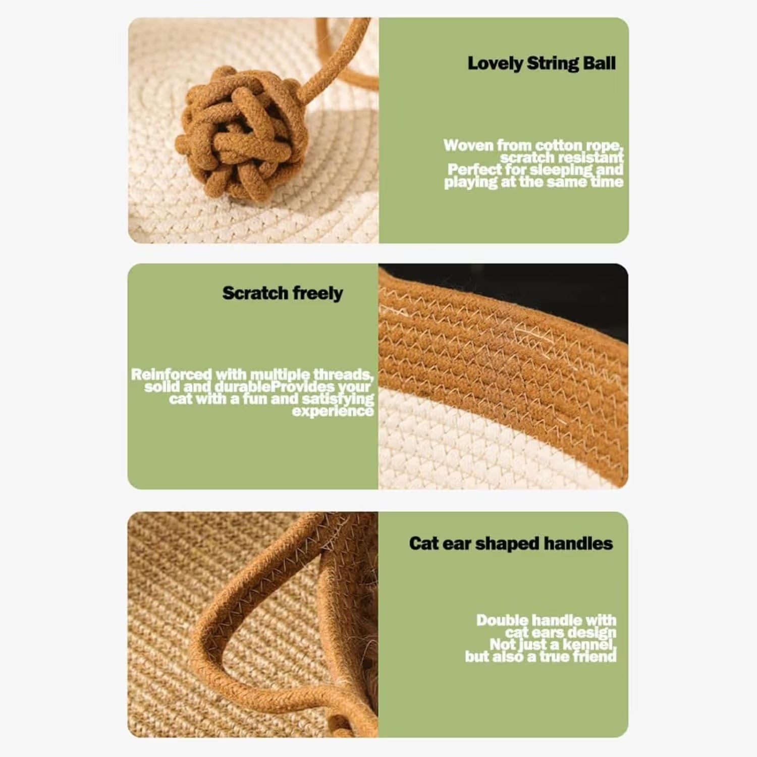 Cat Bed Rope Cotton, Cotton Rope Woven Round Cat Beds Basket with Built-in Teasing Ball, Handwoven Foldable Scratchable for Small & Large pet Gray(L)