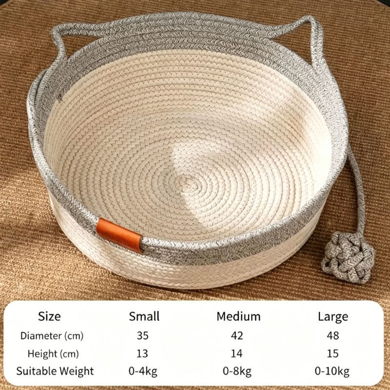 Cat Bed Rope Cotton, Cotton Rope Woven Round Cat Beds Basket with Built-in Teasing Ball, Handwoven Foldable Scratchable for Small & Large pet Gray(L)