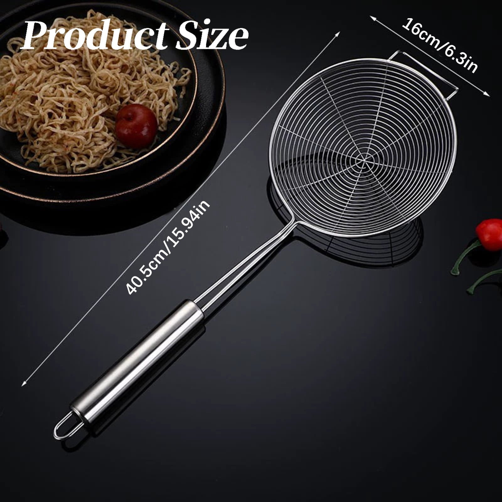 Strainer Spider Skimmers for Kitchen Cooking and Frying Food, Stainless Steel Slotted Spoon Pasta Strainers Tomato Food Strainer Skimmer Ladle For Pasta, 1 Pcs, 15.94x6.3 14.76" x 5.51" Silver