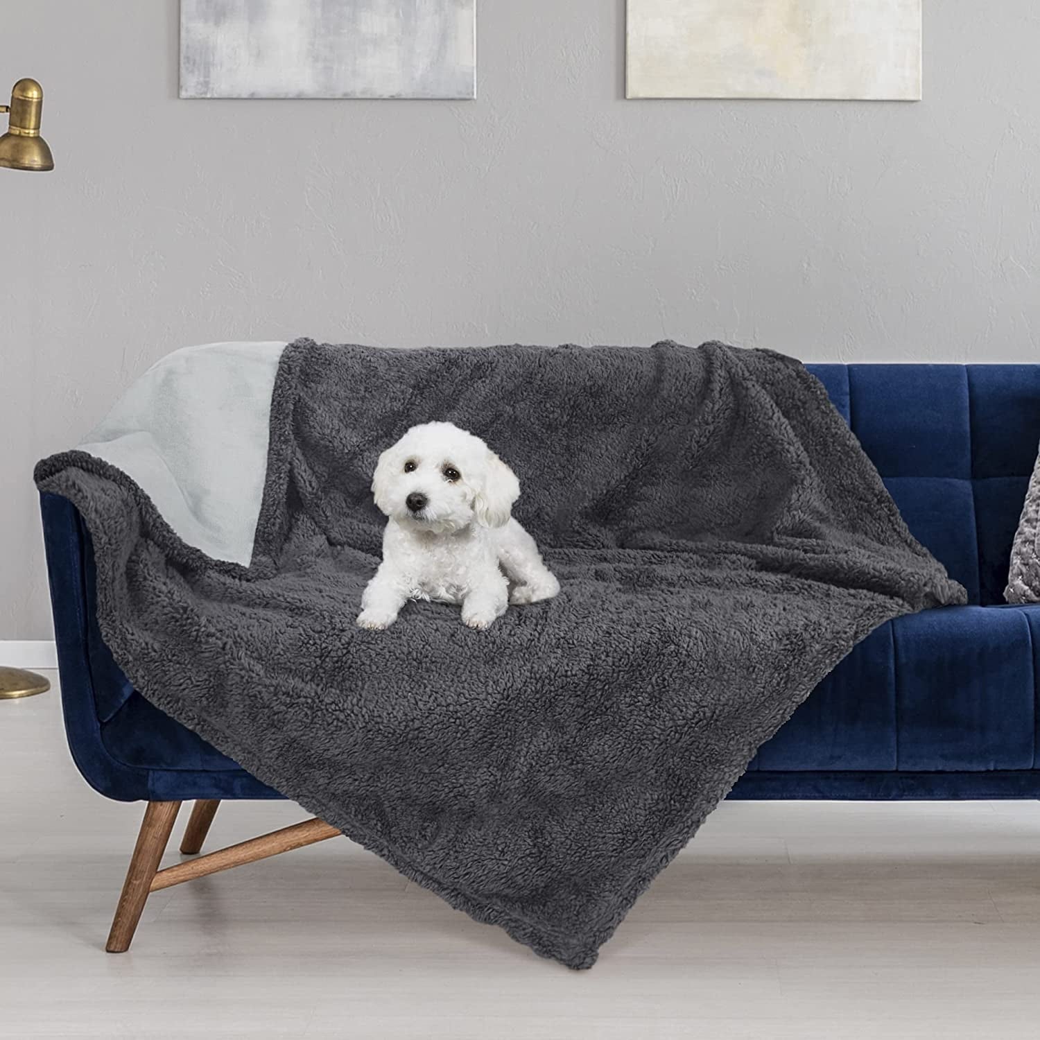 Pawsse Waterproof Pet Blanket, Pee Urine Proof Dog Blanket Cover for Couch Bed Furniture Protector, Liquid Proof Blanket for Small Medium Dogs, Buffale Red/Tuape, 50” x 60”. Lt Gray/Dk Gray