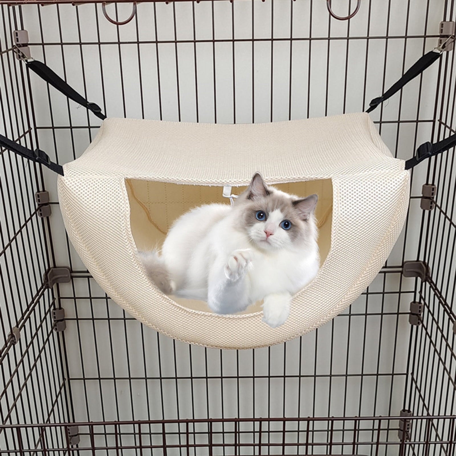 Darzheoy Cat Cage Hammock, Hanging Soft Pet Bed, Summer Breathable Pet Cage Hammock with Adjustable Straps, for Indoor Kitten Puppy Rabbit or Small Pet Beige