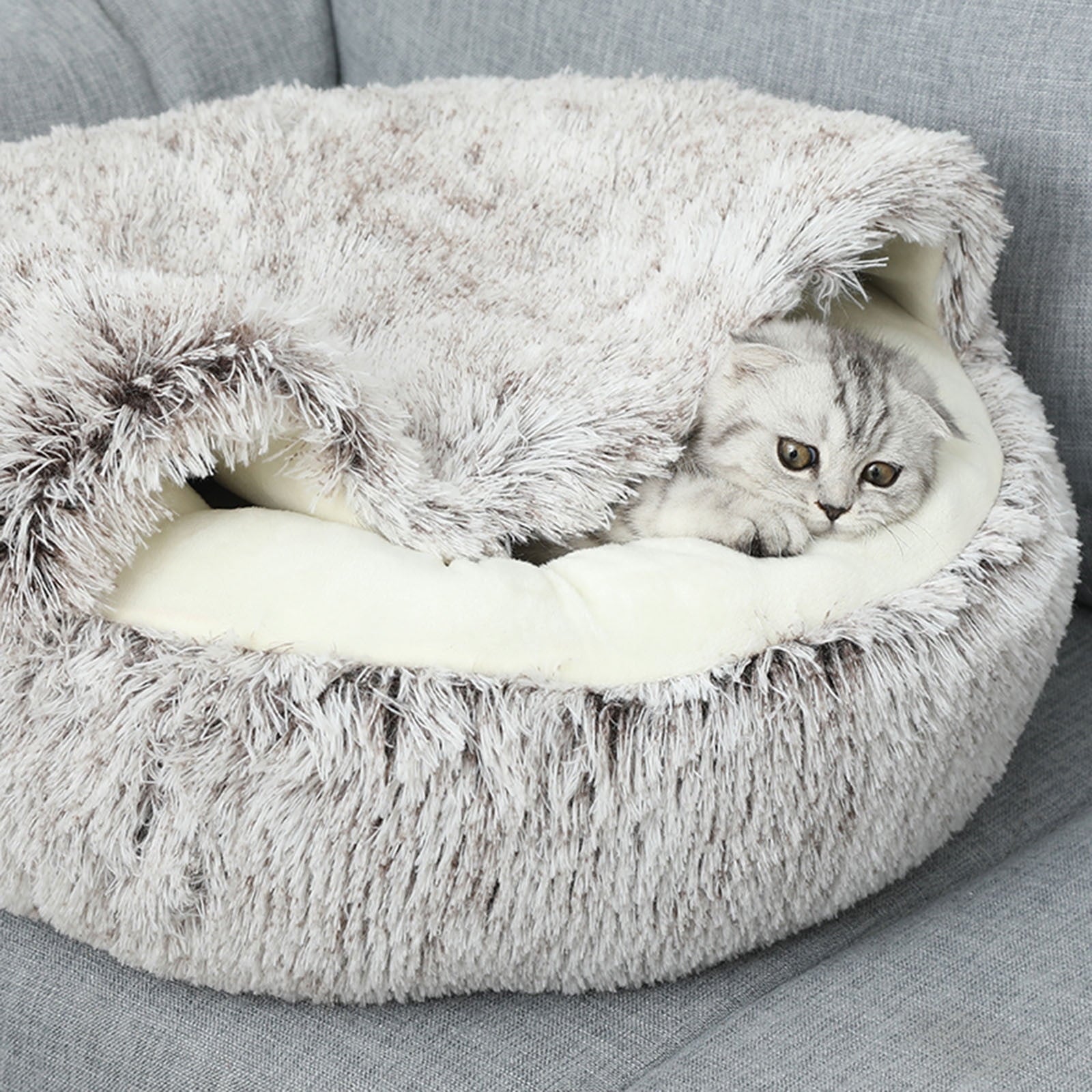 Darzheoy Calming Dog Beds & Cat Cave Bed with Hooded Cover, Removable Washable Round Beds for Small Medium Pets, Anti-Slip Plush Coved Bed for Pet (20"x20") C
