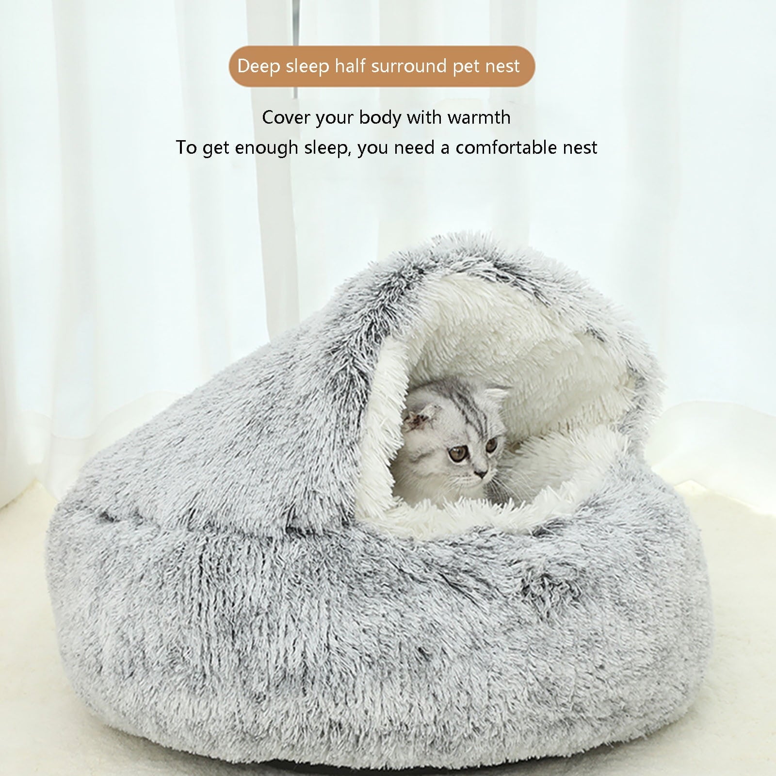 Darzheoy Calming Dog Beds & Cat Cave Bed with Hooded Cover, Removable Washable Round Beds for Small Medium Pets, Anti-Slip Plush Coved Bed for Pet (20"x20") D