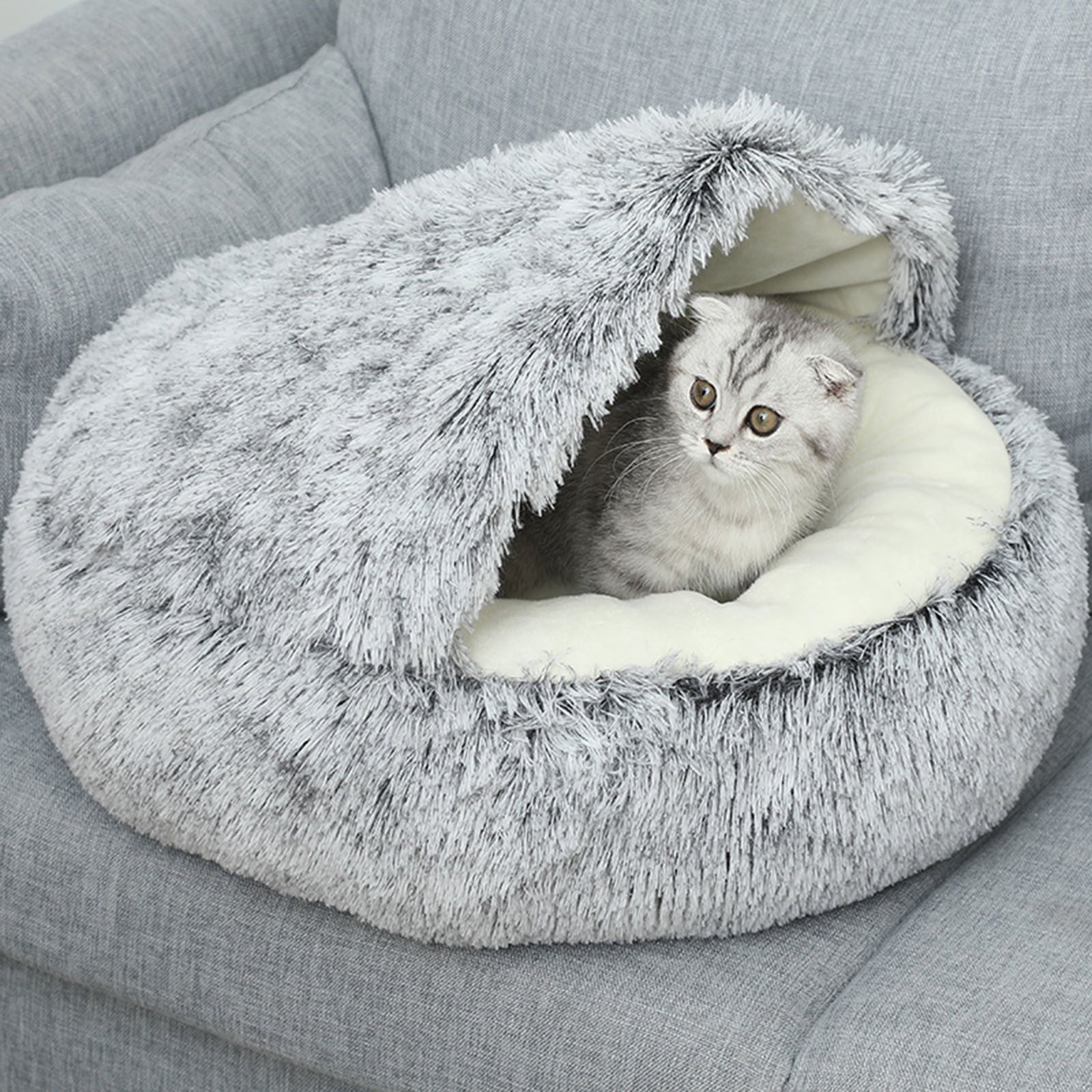 Darzheoy Calming Dog Beds & Cat Cave Bed with Hooded Cover, Removable Washable Round Beds for Small Medium Pets, Anti-Slip Plush Coved Bed for Pet (20"x20") D