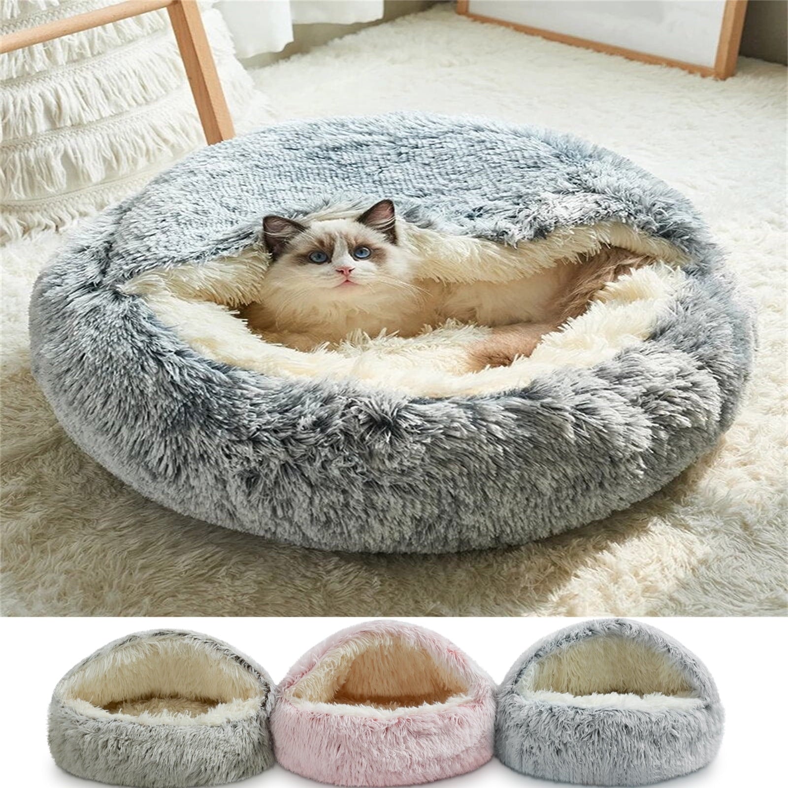 Darzheoy Cat Bed Round Plush Hooded Cat Bed Cave, for Indoor Cats or Small Dog Beds, Calming Pet Beds Calm Anti-nxiety Dog Bed, Waterproof Bottom Washable (16"x16") Coffee