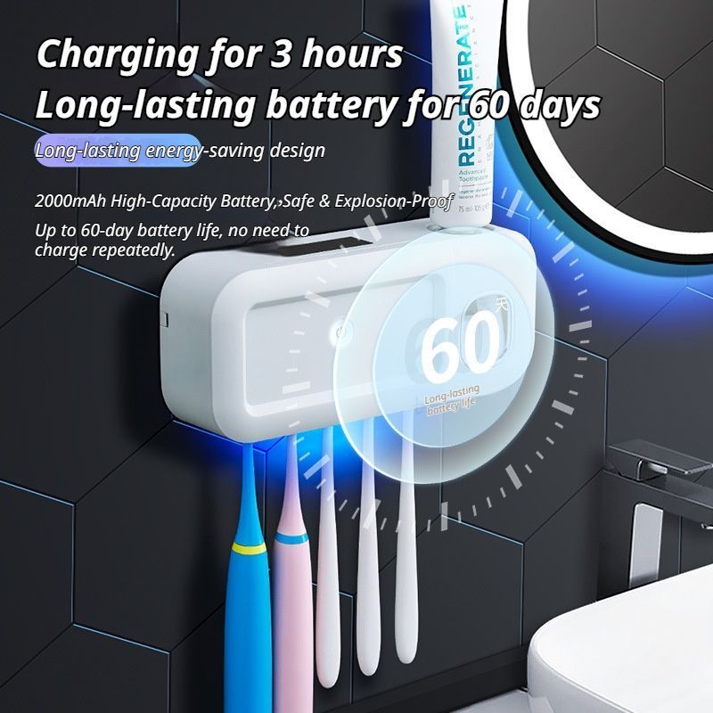 White Smart UV Sterilization Set, No-Drilling Wall-Mounted Toothbrush Organizer & Electric Toothbrush Sanitizer