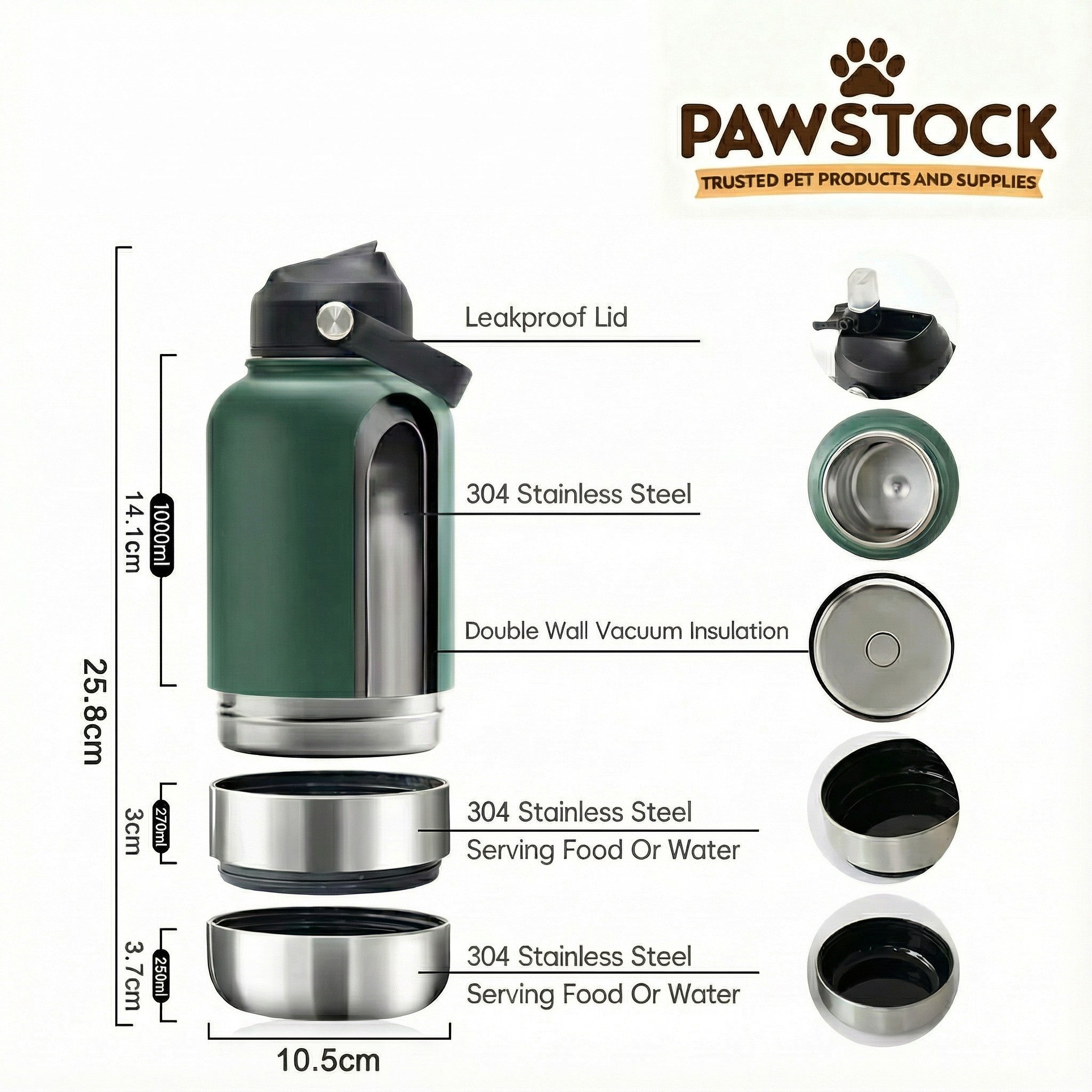 Pawstock 3-in-1 Insulated Dog Water Bottle with Dual Bowls – 1L Stainless Steel Travel Bottle-Rainforest Green
