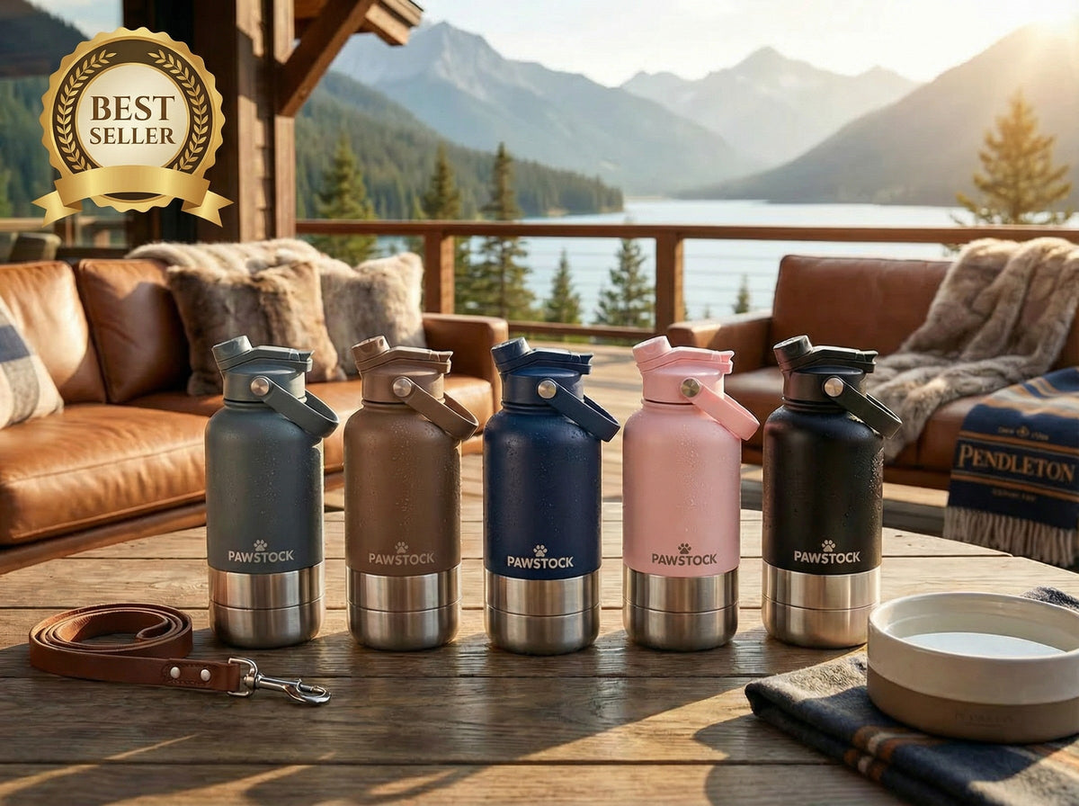 Pawstock 3-in-1 Insulated Dog Water Bottle with Dual Bowls – 1L Stainless Steel Travel Bottle - Gray
