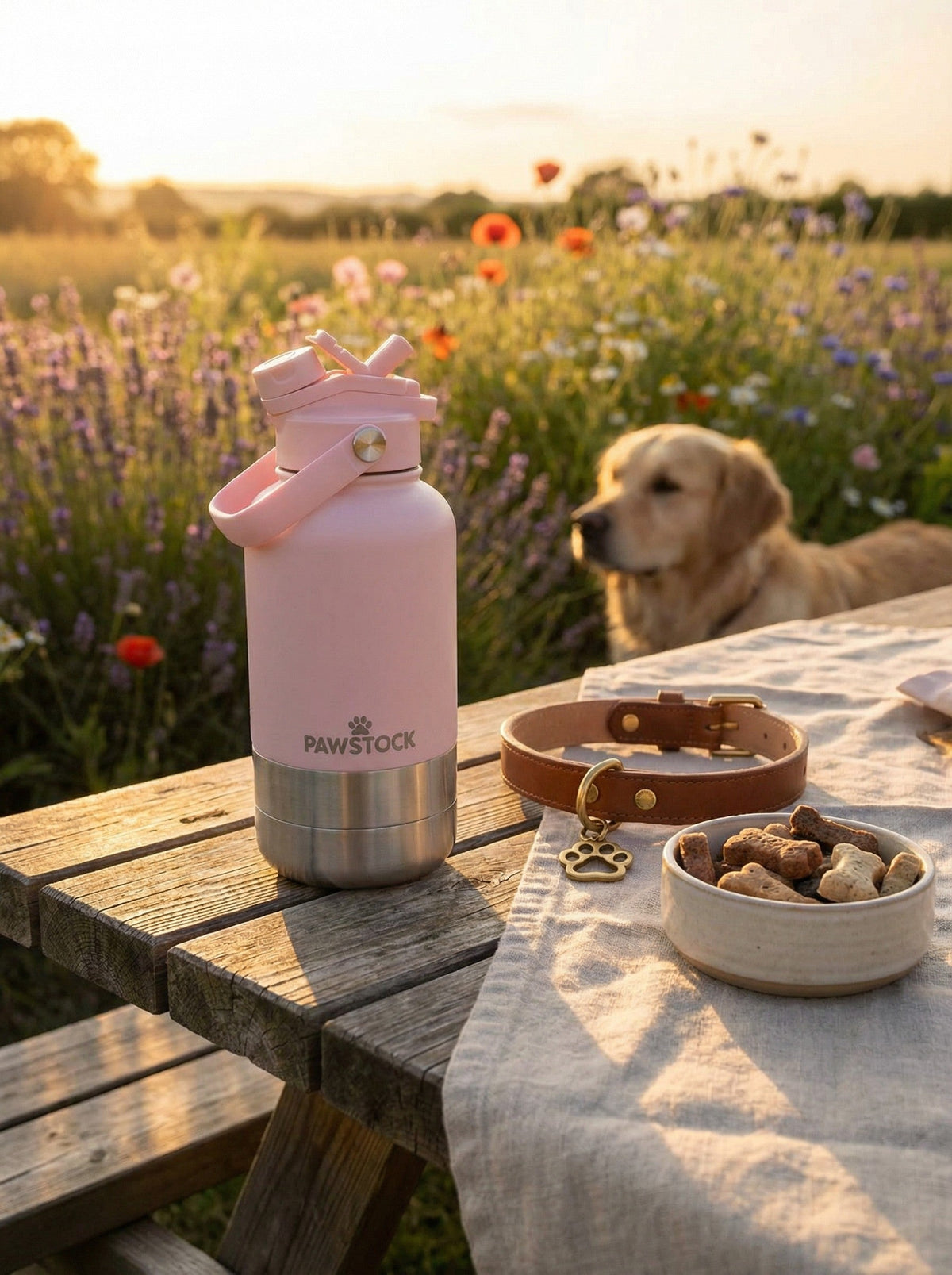Pawstock 3-in-1 Insulated Dog Water Bottle with Dual Bowls – 1L Stainless Steel Travel Bottle - Gray