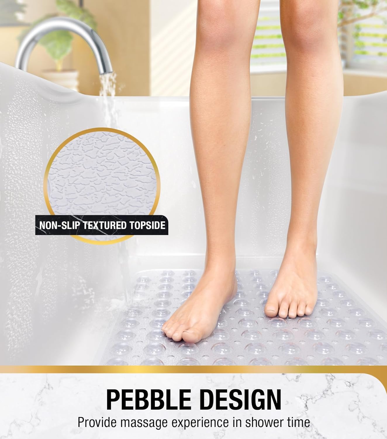 Bath Mat for Tub, Non Slip Bathtub Mat, 101x40cm Extra Long Bath Tub Mat, Machine Washable Bathroom Shower Mat with Suction Cups and Drain Holes, Soft on Feet, Clear