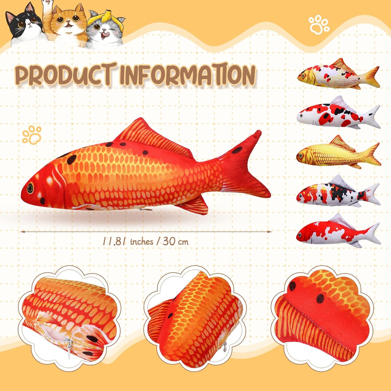 6 Pcs 12 Inch Fish-Shaped Soft Cat Cushions Pillow Realistic Pet Carp Play Pillow for Cats Birthday Gift(Classic Style)