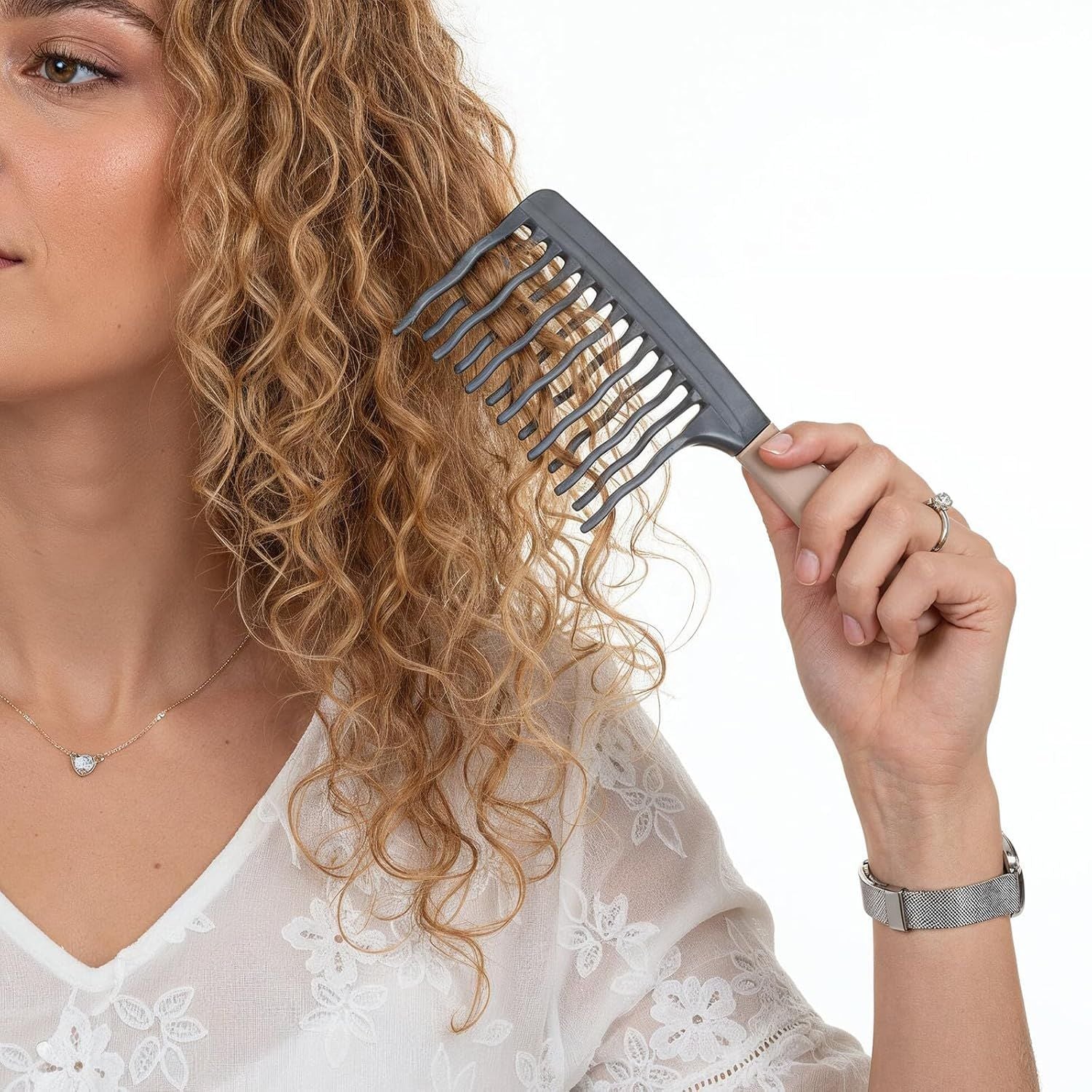 Wide Tooth Comb for Curls, Curly Hair Comb with Double Row Wavy Tooth for Curls Wavy Thick Long Wet Dry Hairs, Detangler Hairs Brush Large Teeth Shower for Women Girl (Grey)