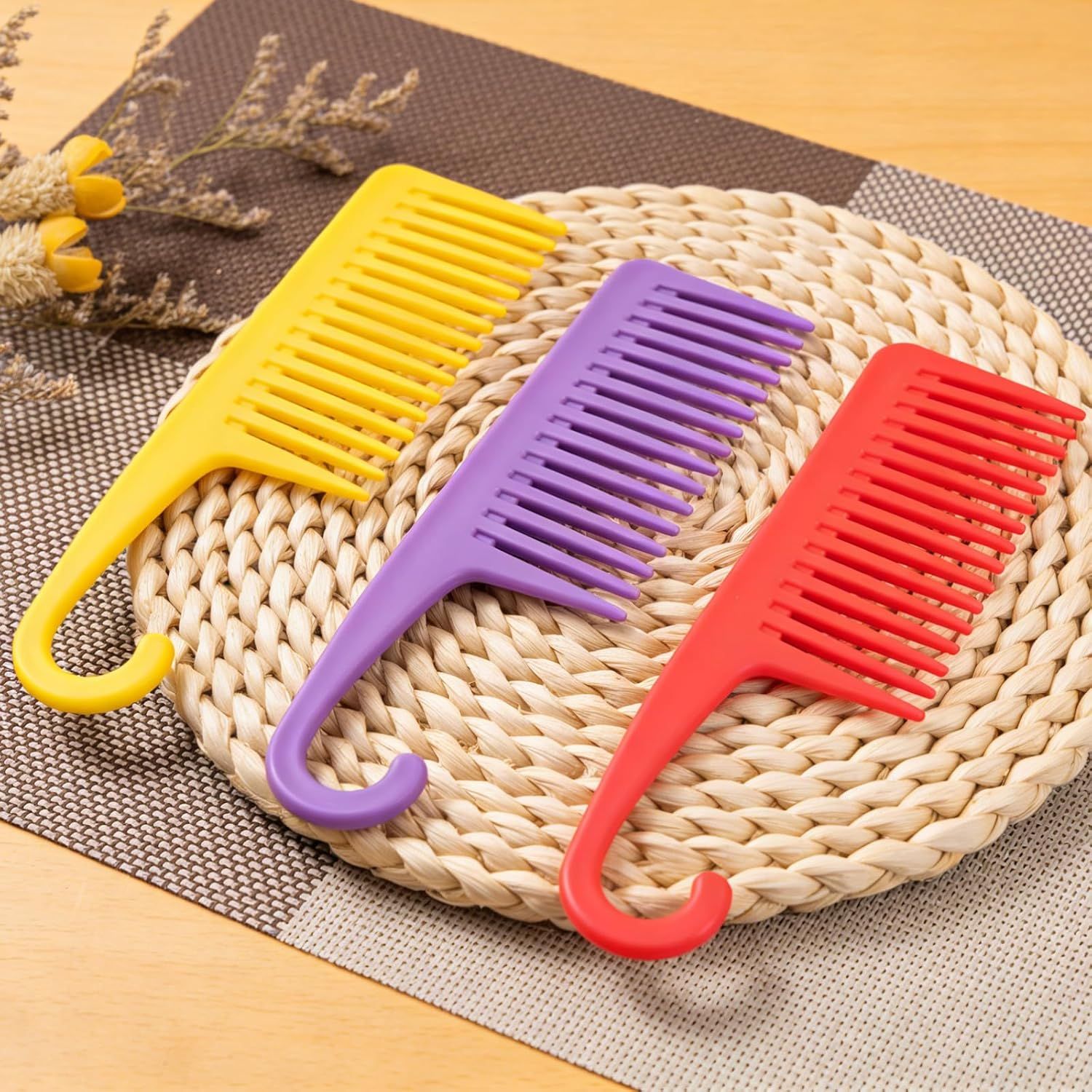 3PCS Wide Tooth Hair Combs with Hook, Large Detangling Shower Combs Set for Wet or Dry Hair, Conditioner Combs for Curly, Thick & Long Hair (Purple/Rose Red/Yellow)