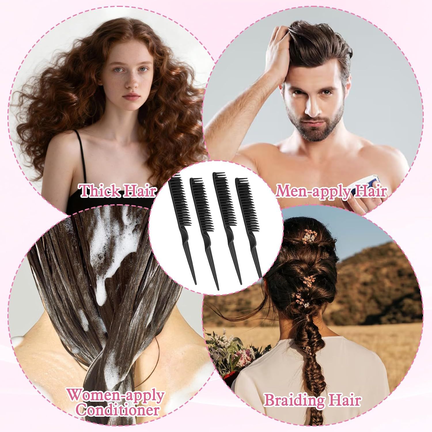 4 PCS Black 3 Row Comb for Natural Hair, The Unbraider Combs Tool for Braids, Three Row Comb for Women Men Detangling and Sectioning