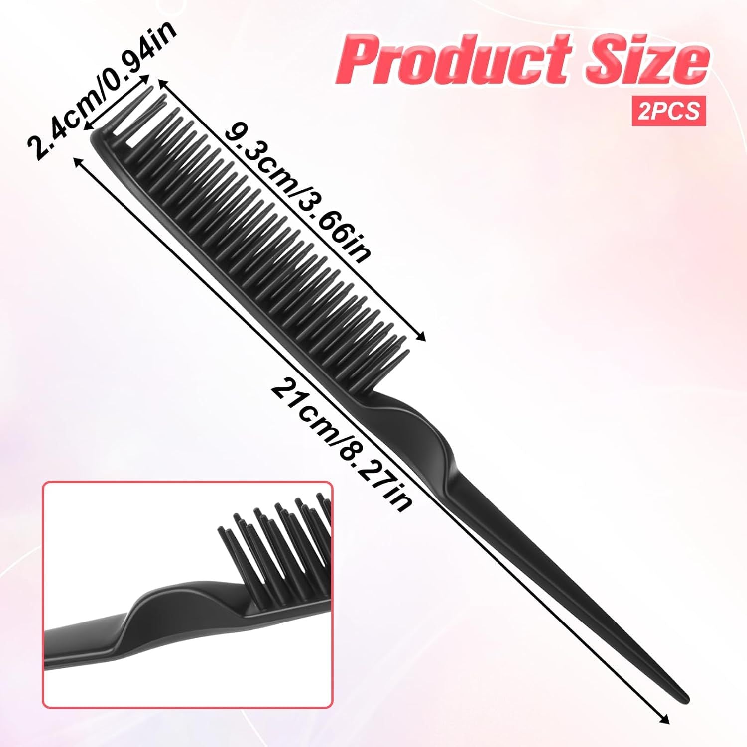 2 Pcs 3 Row Styling Comb, Curling Hair Styling Brush Rat Tail Comb Used for Combing, Separating and Shaping Curls (Black)