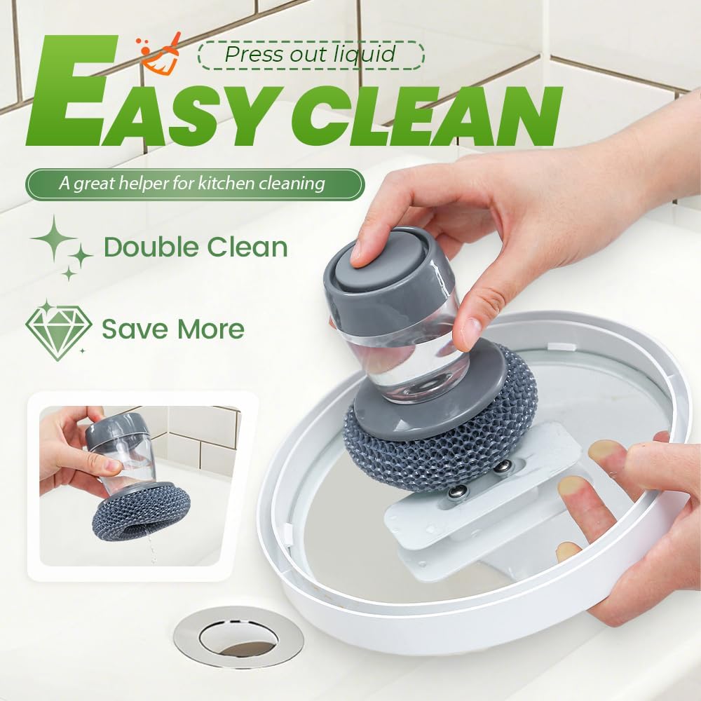 Dish Brh with Soap Dispenser, Soap Dispensing Dish Brh - with PET/Steel Wire Bristles, Kitchen Scrub Brh for Dishes Pots Pans Sinks (PET Head)