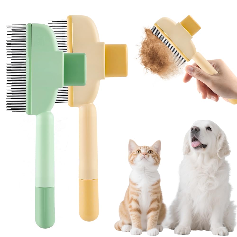 2-in-1 Pet Grooming Brh, Magic Pet Hair Remover Comb with Self-Cleaning Button for Dogs & Cats, Shedding Brh for Long/Short Hair, Home & Furniture Fur Removal Tool (Green + Yellow)