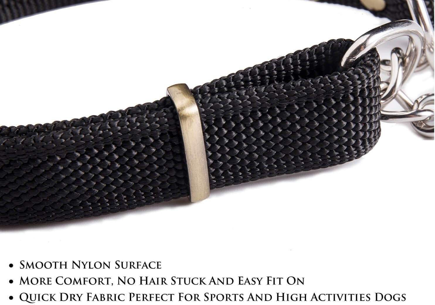 Stainless Steel Nylon Chain Martingale Collar Comfort Heavy Duty Large Dog Collar Escape Perfect for Training Walking Running and High Activities 250lb Pull Proved (Large, Black)