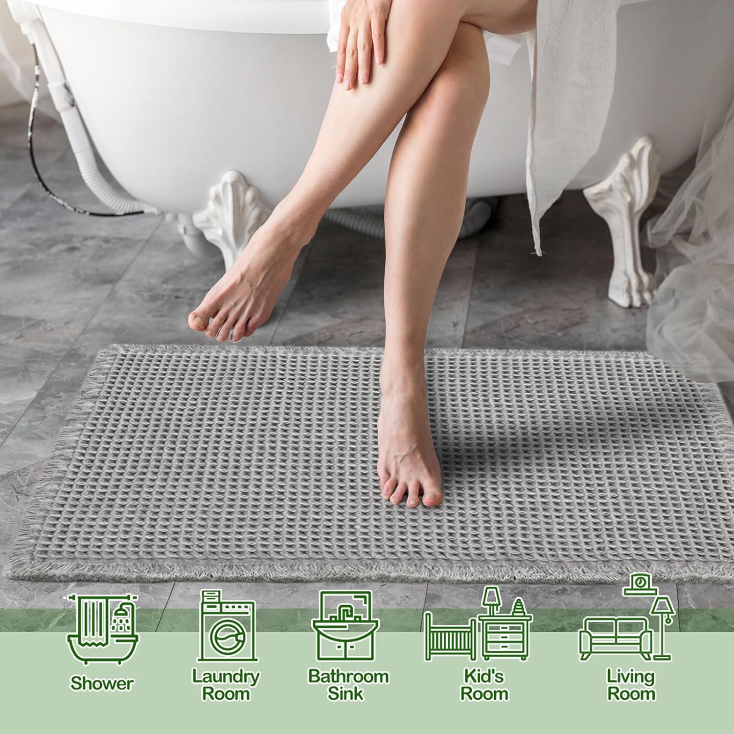 Grey Waffle Bath Mat,Super Absorbent Non Slip Bathroom Rug,Gray 18x30inch,Machine Washable Ultra Soft Floor Mats
