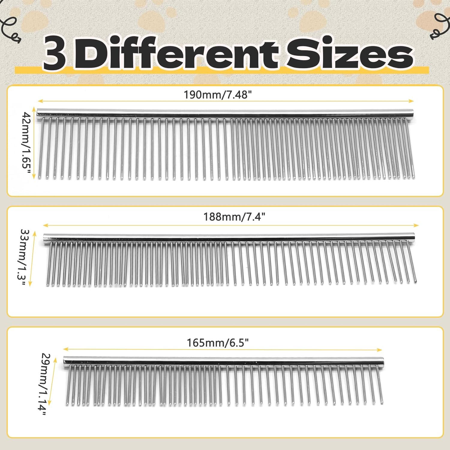 Biaungdo 3 Pcs Dog Grooming Combs Set, Metal Dog Comb for Removing Tangles and Knot, Cat Brush Grooming Tool for Long Haired Pets(7.48 x 1.65 inch & 7.4 x 1.3 inch & 6.5 x 1.14 inch)