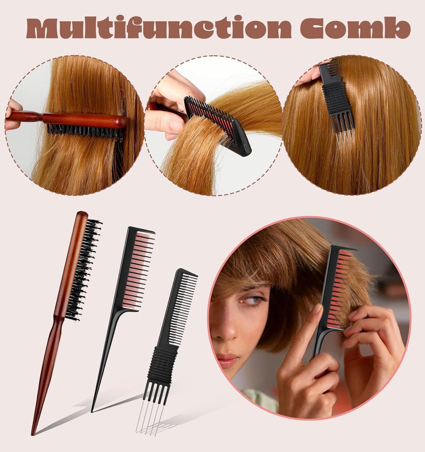 Teasing Combs for Women, 3 Pcs Hair Teasing Comb, Teaser Comb for Women Fine Hair, Slick Back, Volume, Backcombing