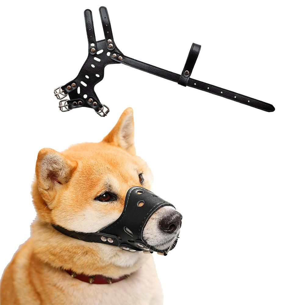 Adjustable PU Leather Dog Muzzle Pet Breathable Anti Bite Bark Chew Muzzles Brown - M
