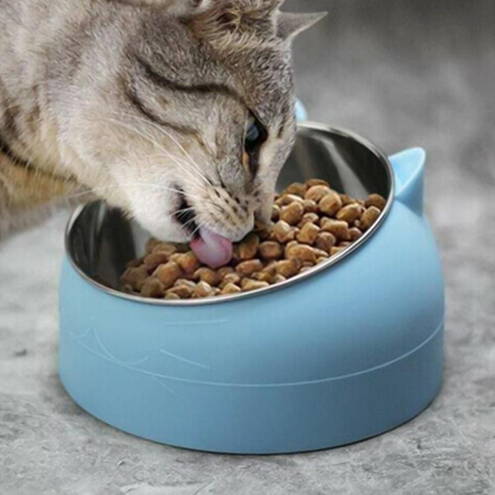400ml Stainless Steel Tilted Pet Bowl - Non-Slip Raised Feeder for Cats & Dogs Blue