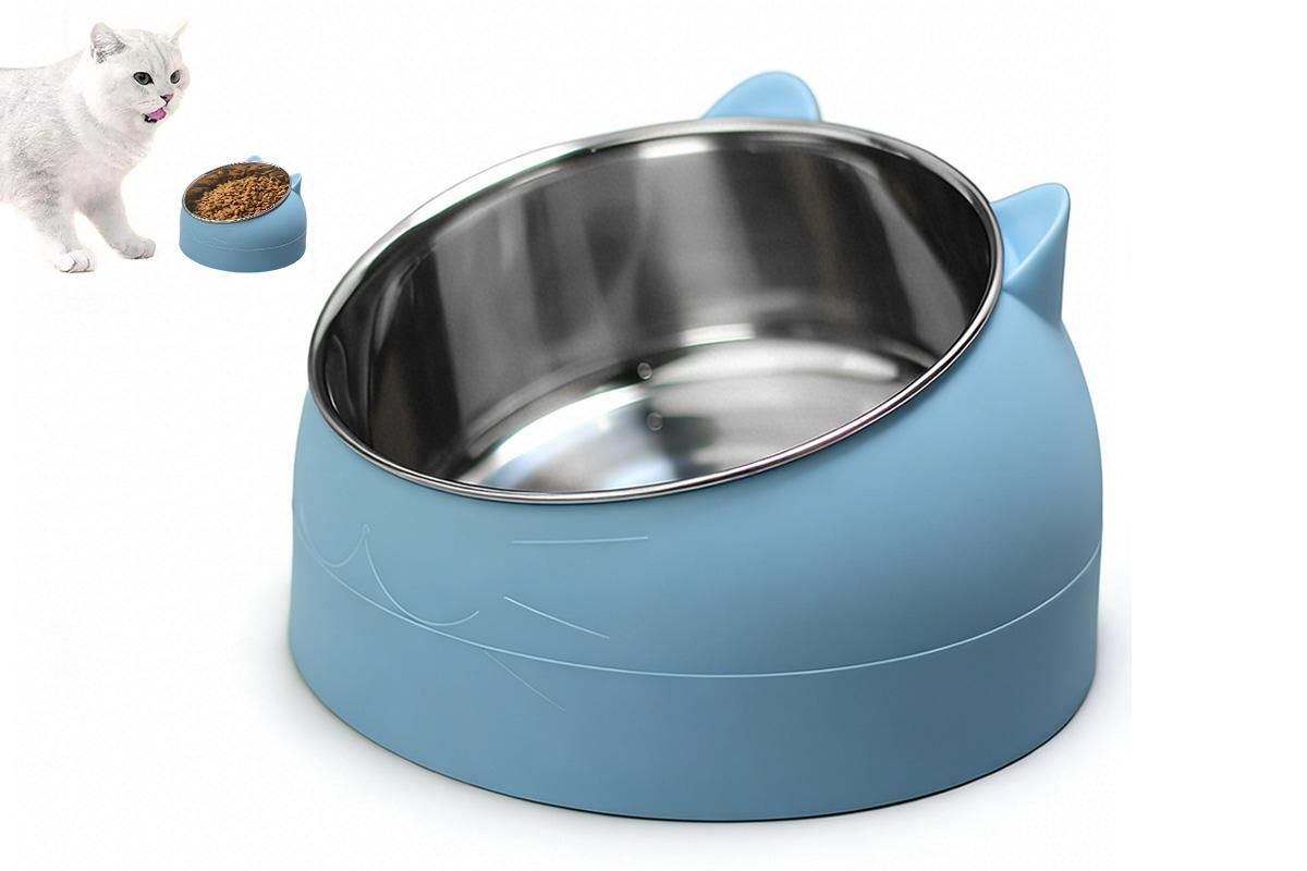 400ml Stainless Steel Tilted Pet Bowl - Non-Slip Raised Feeder for Cats & Dogs Blue