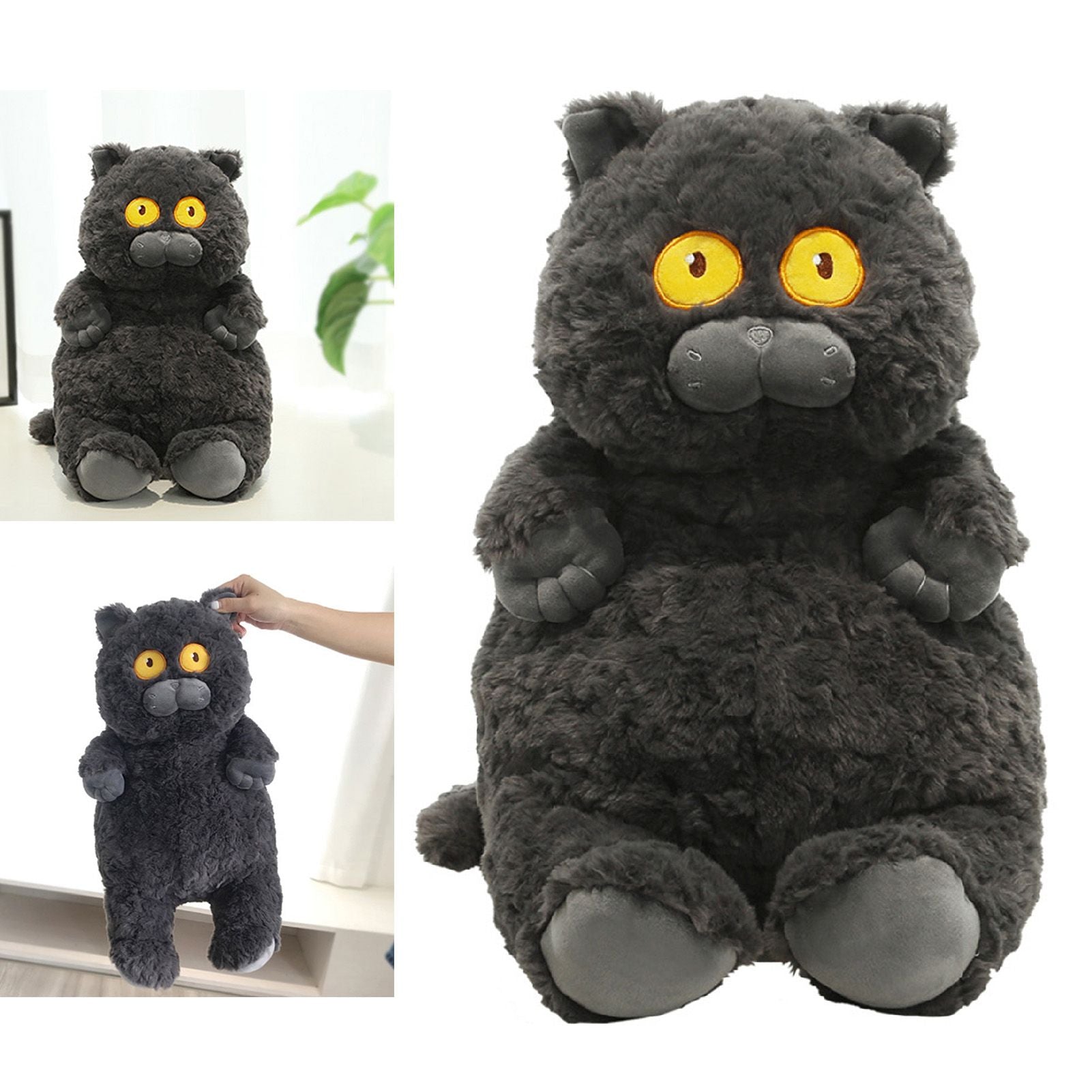 Cat Plush Toy Cute Soft Skin Friendly Fluffy Staring Short Plush Cat Hugging Sleeping Pillow for Home Black