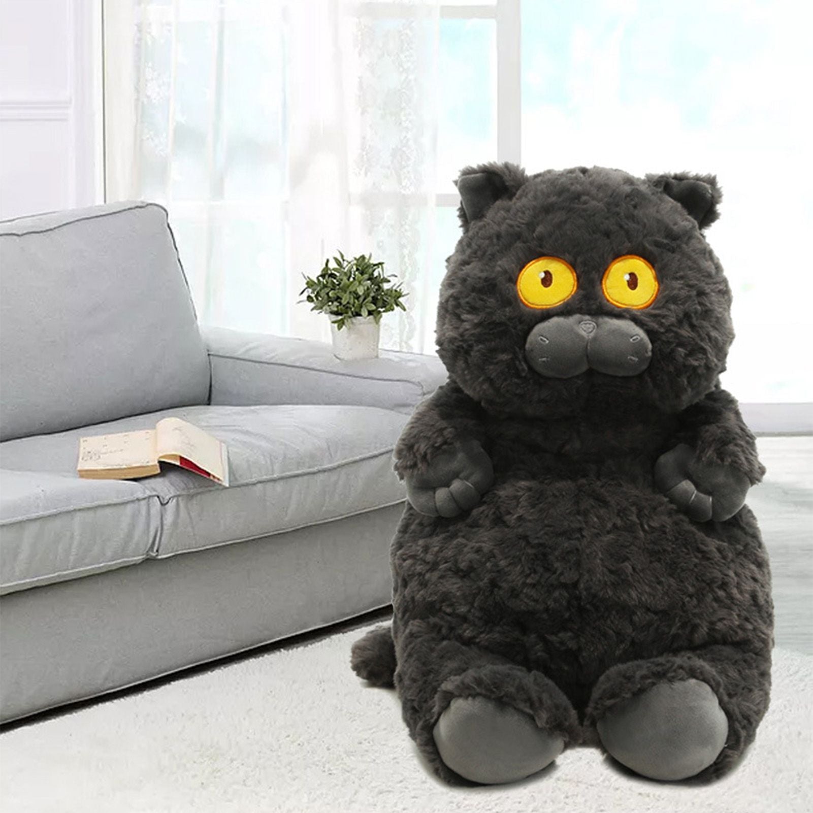 Cat Plush Toy Cute Soft Skin Friendly Fluffy Staring Short Plush Cat Hugging Sleeping Pillow for Home Black