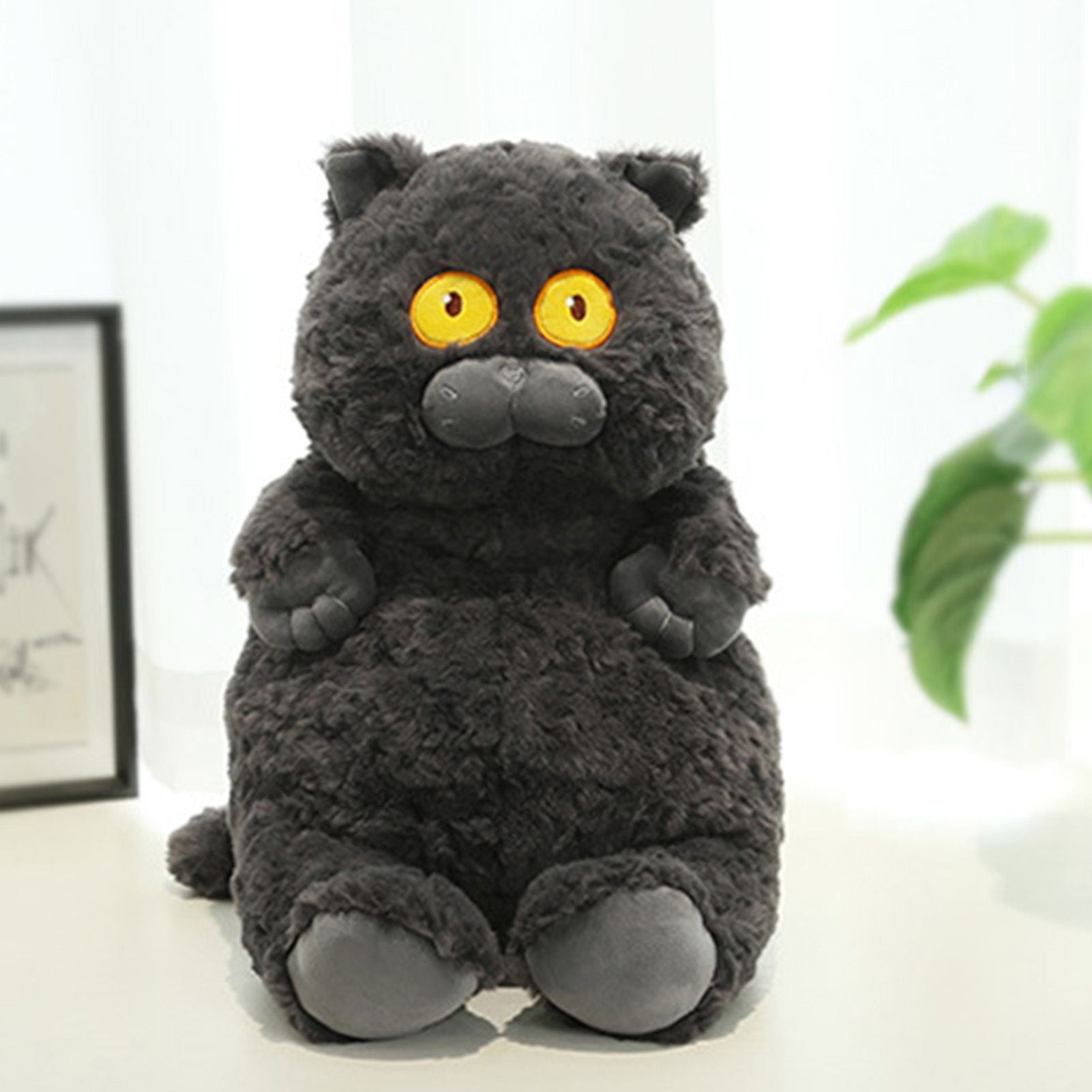 Cat Plush Toy Cute Soft Skin Friendly Fluffy Staring Short Plush Cat Hugging Sleeping Pillow for Home Black