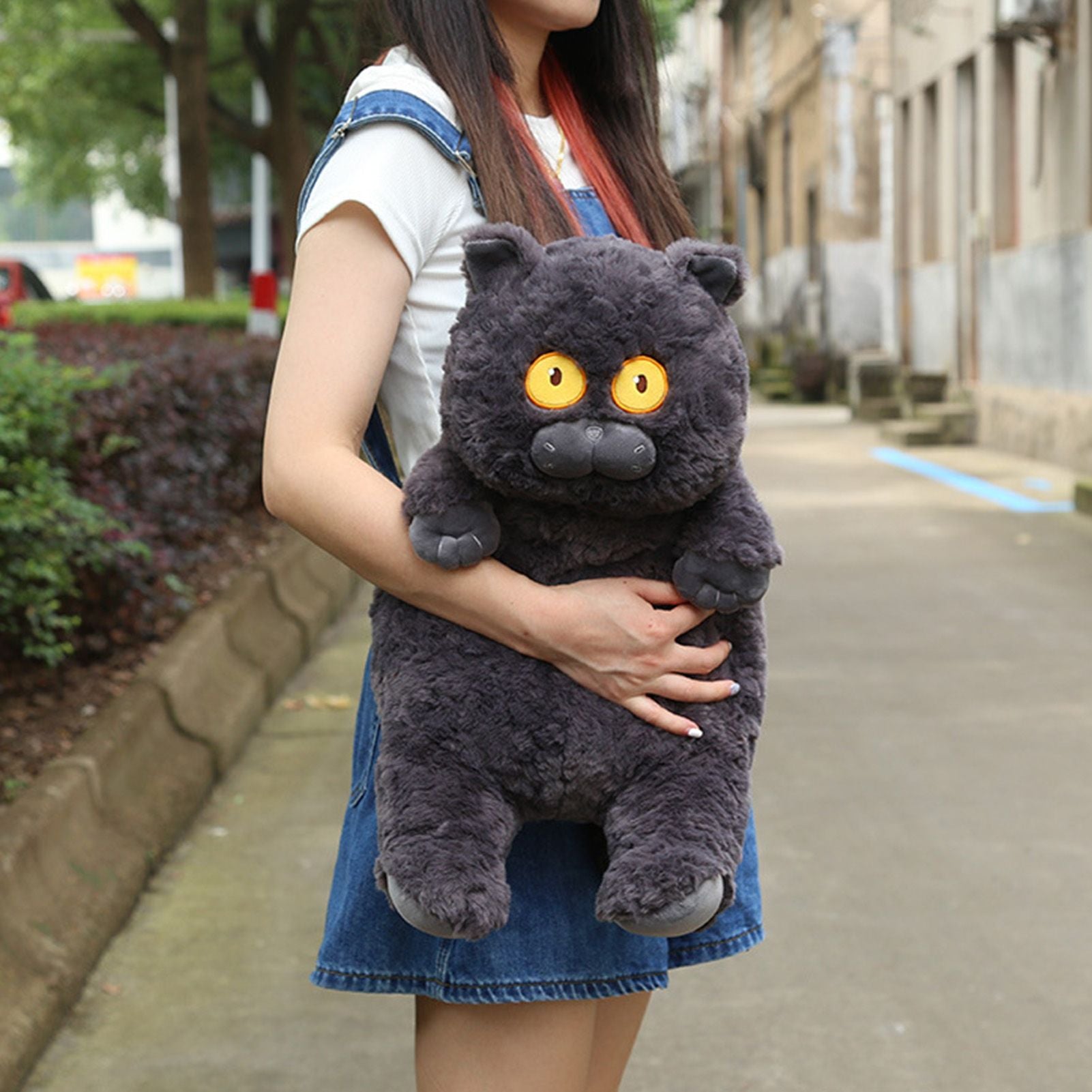 Cat Plush Toy Cute Soft Skin Friendly Fluffy Staring Short Plush Cat Hugging Sleeping Pillow for Home Black