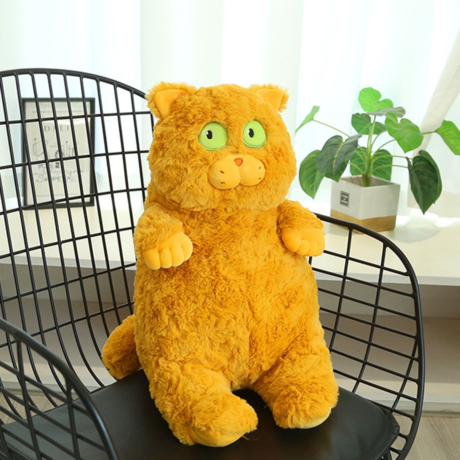 Cat Plush Toy Cute Soft Skin Friendly Fluffy Staring Short Plush Cat Hugging Sleeping Pillow for Home Brown
