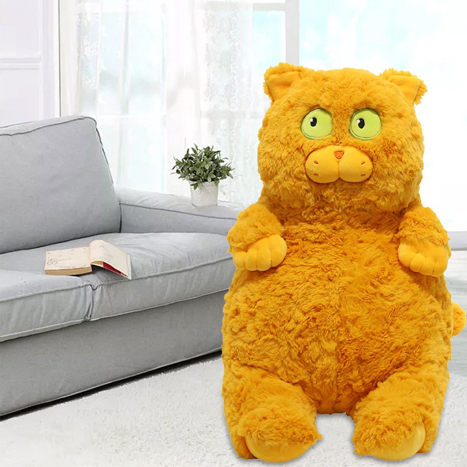 Cat Plush Toy Cute Soft Skin Friendly Fluffy Staring Short Plush Cat Hugging Sleeping Pillow for Home Brown