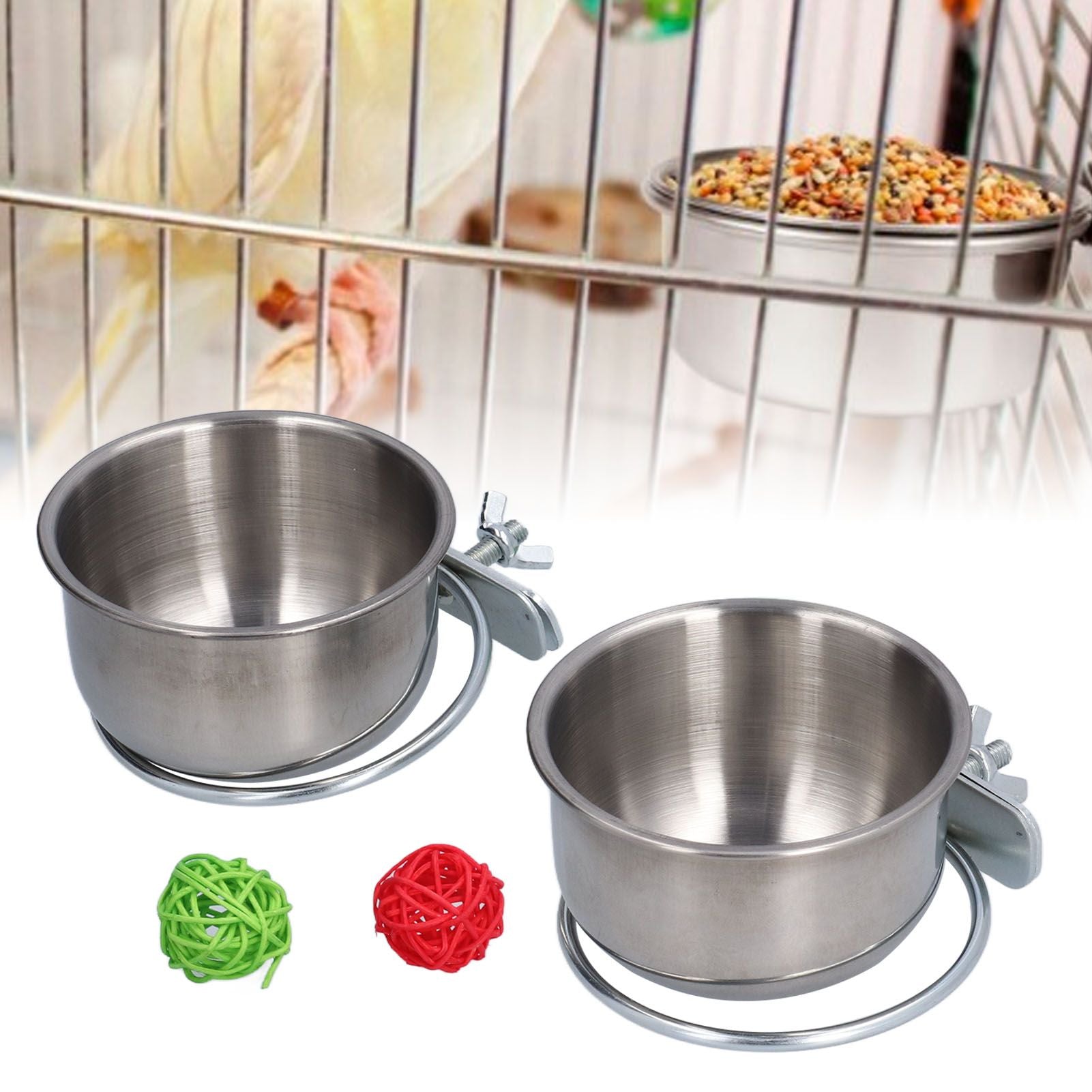 Stainless Steel Parrot Feeding Bowl with Rattan Ball for Hamster Small Animals