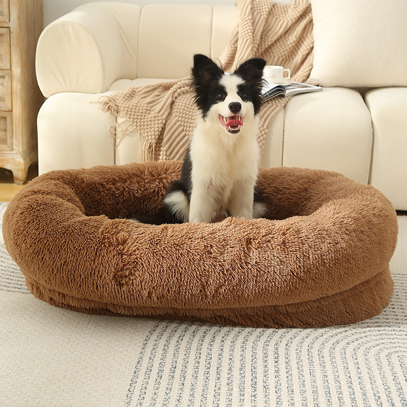 Fluffy Donut-Shaped Pet Bed- Soft, Cozy, and Anti-Anxiety for Dogs and Cats, Machine Washable khaki Size:S 60*15*18cm