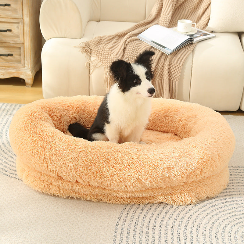 Fluffy Donut-Shaped Pet Bed- Soft, Cozy, and Anti-Anxiety for Dogs and Cats, Machine Washable Apricot Size:L 90*65*20cm