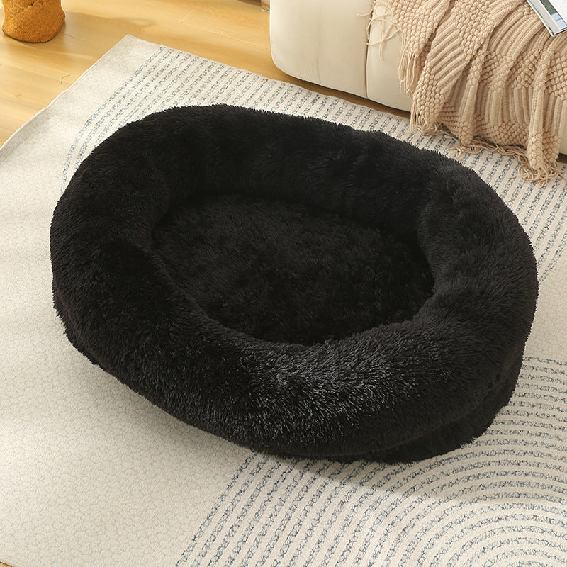 Fluffy Donut-Shaped Pet Bed- Soft, Cozy, and Anti-Anxiety for Dogs and Cats, Machine Washable Black Size:L 90*65*20cm