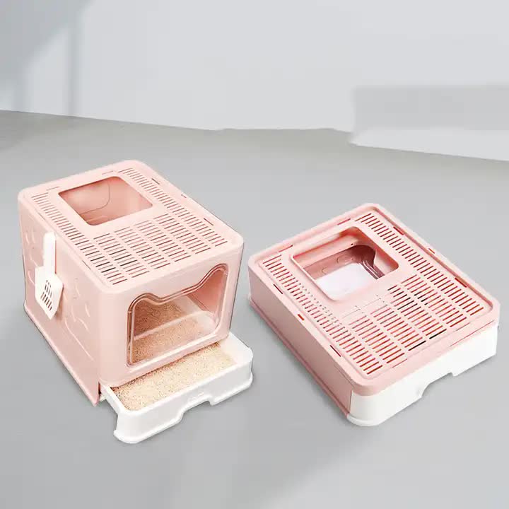 Foldable Cat Litter Box with Pull-Out Tray -Easy Cleaning and Anti-Splash Design Pink 51*41*38cm