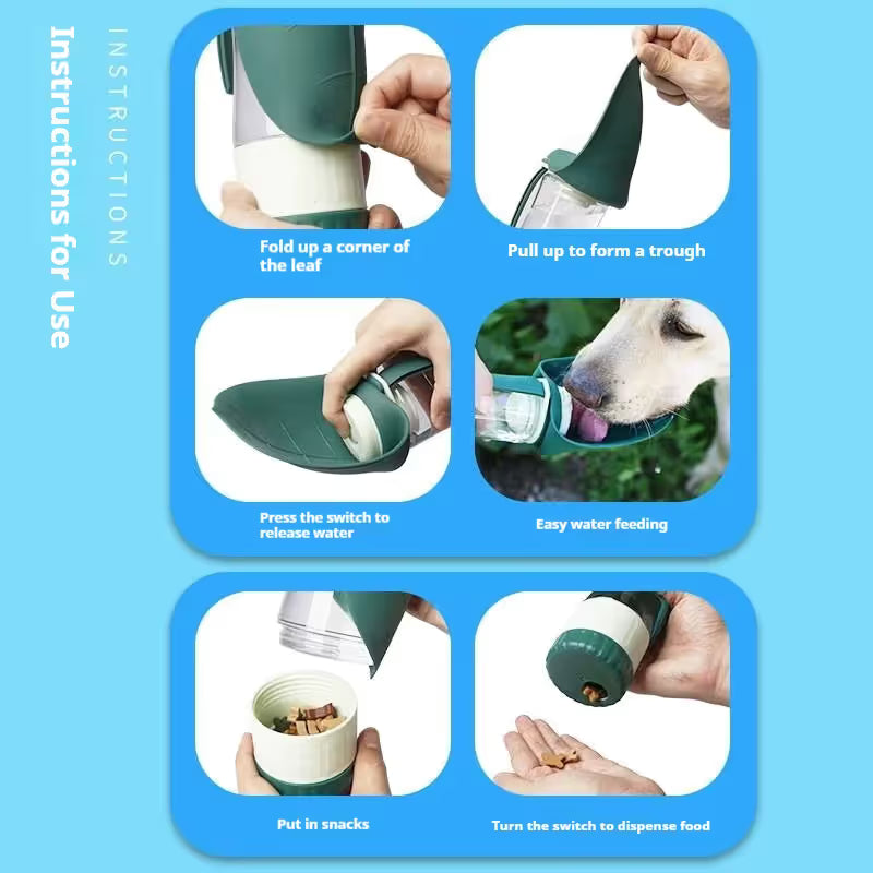 Dark Blue 2-in-1 Portable Dog Water Bottle and Food Container - Leaf-Shaped Silicone Travel Bowl for Pets, Leak-Proof Outdoor Dispenser for Walking, Hiking and Traveling, 330ml Capacity