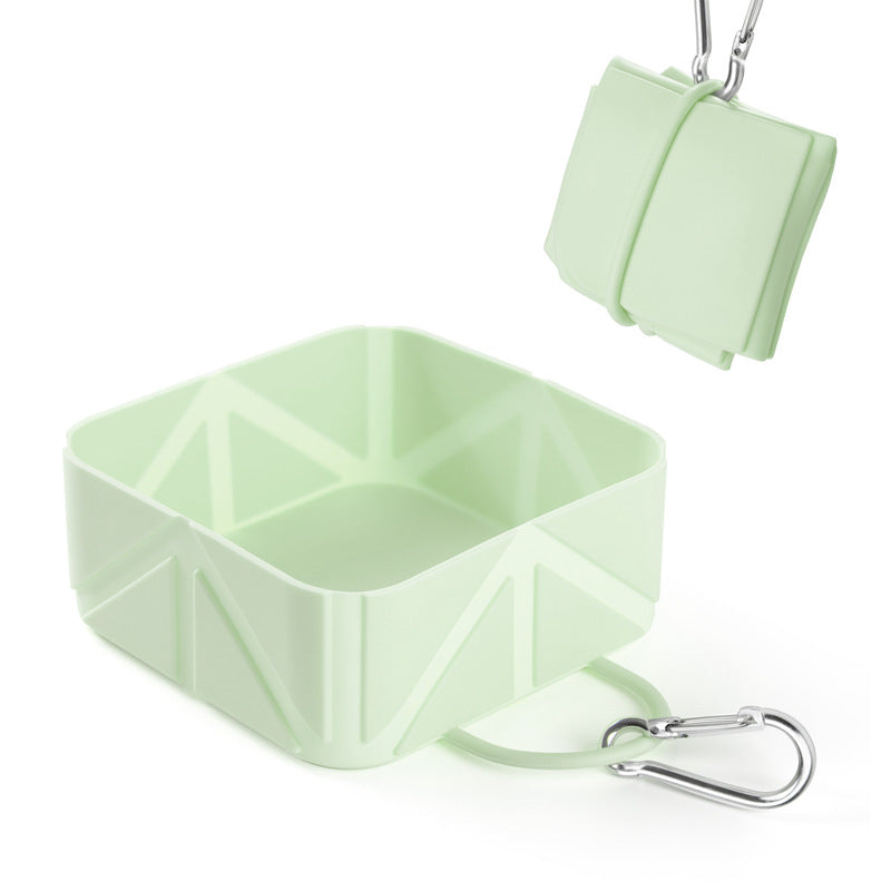 2 Pcs Green Portable 500ml Collapsible Square Pet Bowl - Silicone Travel Feeder with Carabiner Clip for Dogs & Cats - Lightweight for Camping & Hiking