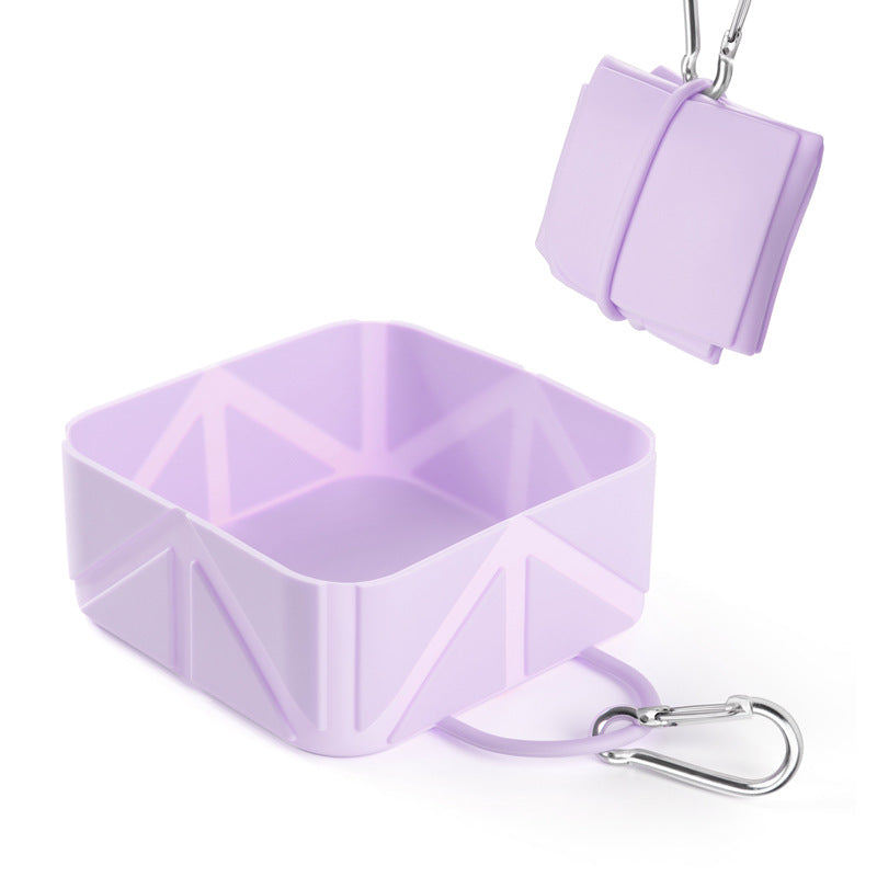 2 Pcs Purple Portable 500ml Collapsible Square Pet Bowl - Silicone Travel Feeder with Carabiner Clip for Dogs & Cats - Lightweight for Camping & Hiking