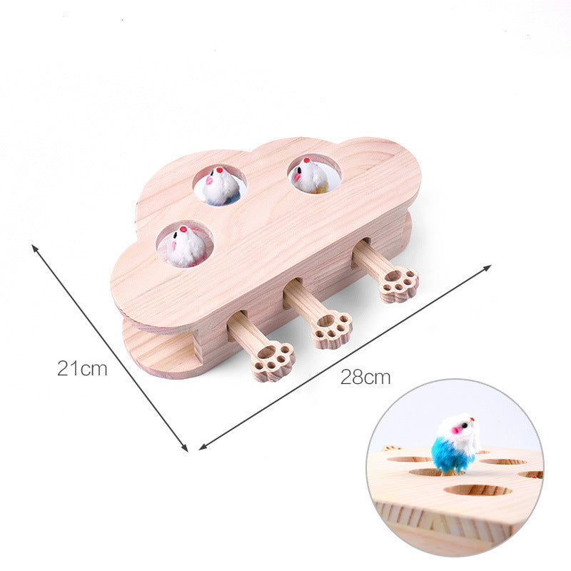 Interactive Wooden Cat Toy Whack-A-Mole Box - Solid Pine Puzzle Game with Pop-Up Plush Mice - Mental Enrichment & Bonding for Indoor Cats