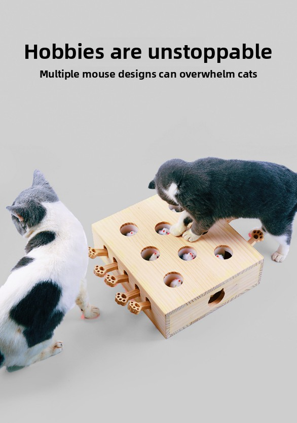 Interactive Wooden Cat Toy Whack-A-Mole Box - Solid Pine Puzzle Game with Pop-Up Plush Mice - Mental Enrichment & Bonding for Indoor Cats